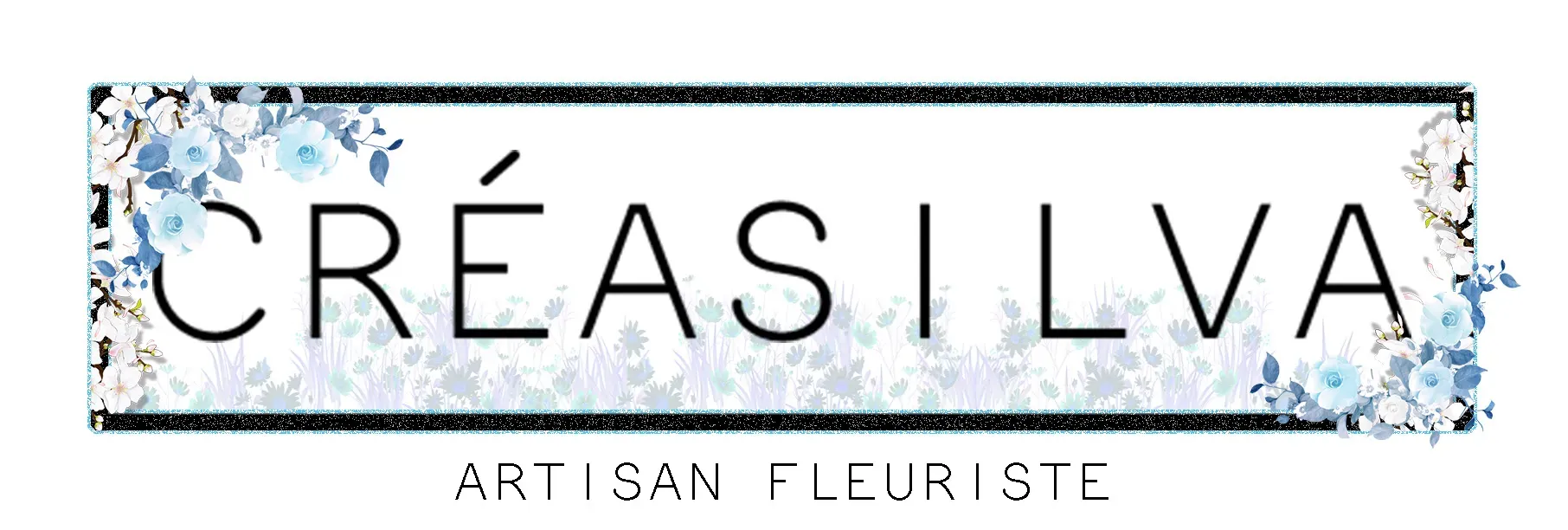 Bandeau logo Créasilva Artisan Fleuriste orné de fleurs bleues et blanches.